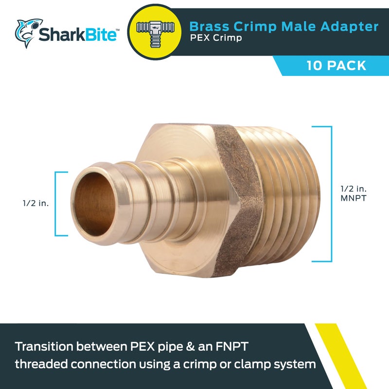 SharkBite 1/2 Inch Crimp MNPT Male Adapter, Pack of 10, Brass Plumbing Fitting, PEX Pipe, Copper, UC120LFA10 - Image 2